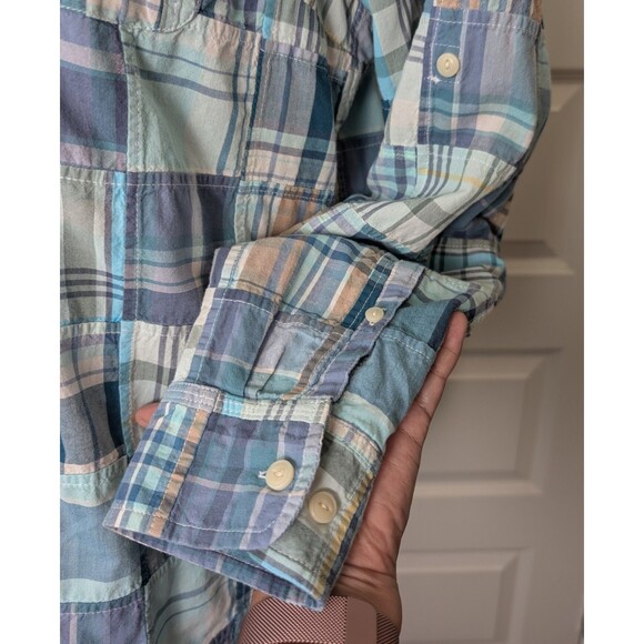 LL Bean Size L Patchwork Madras Plaid Button Down Blouse Cotton Boho Preppy - Picture 7 of 14